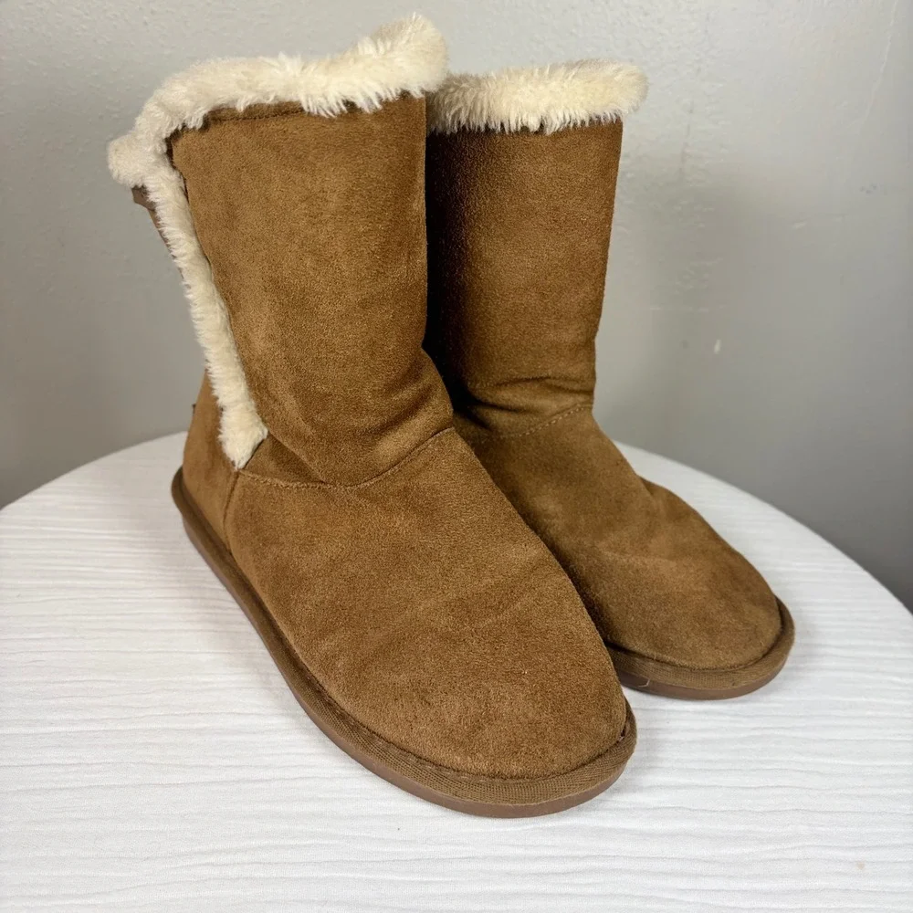 Minnetonka Womens Tan Leather Faux Fur Lined Mid Calf Winter Boots 85711 Size 8